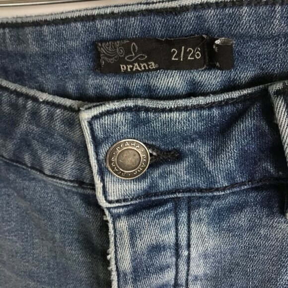 prAna Jeans Button Front Mid Rise Skinny Style Sz 2 Dropped Hem Medium Wash Blue - Picture 7 of 9